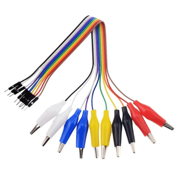 أسلاك توصيل من مشبك تمساح إلى دبوس ذكر (Dupont Male) – بطول 20 سم (طقم 10 قطع) / Alligator Clip to Dupont Male Jumper Wire – 20cm (10-Pin Pack)